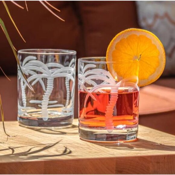 Rolf Glass Palm Tree Double Old Fashioned Glass 13oz | Etched Coastal Barware - Picture 3 of 4